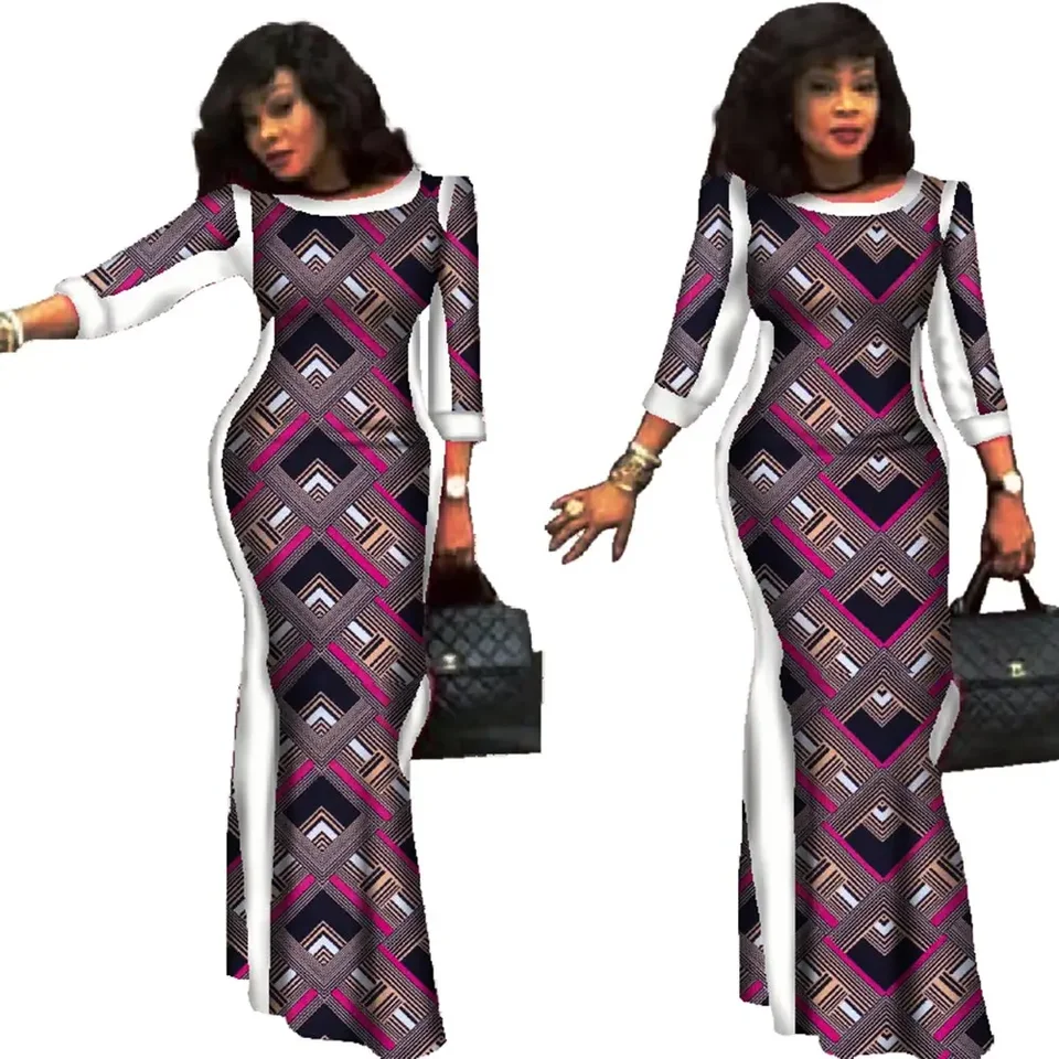 BAZINRICHE African Wax Print Dress - Long Sleeve Ankara Maxi Dress For Women, Plus Size XXL