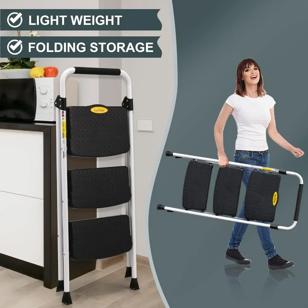 3 Step Ladder Folding Step Stool for Adults with Handle Lightweight 500lbs Capacity For Kitchen& Household
