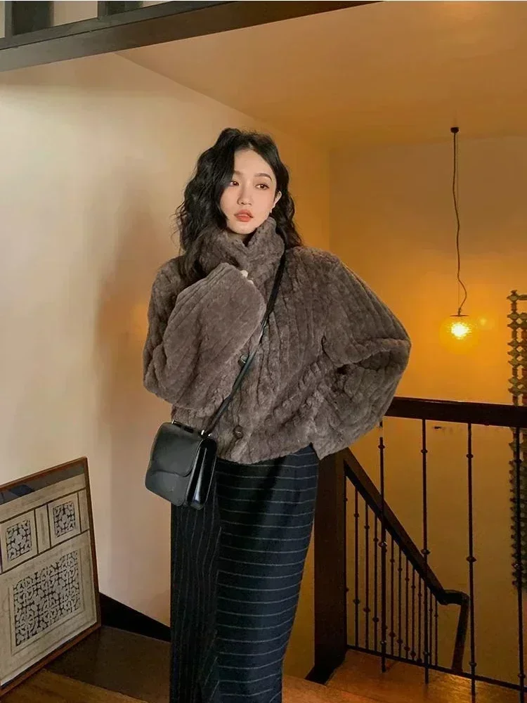 빈티지 자른 스탠드 넥 루즈 캐주얼 자켓 일본 streetwear 패션 털이 코트 y2k 미적 그런지 여성 chaqueta 코트