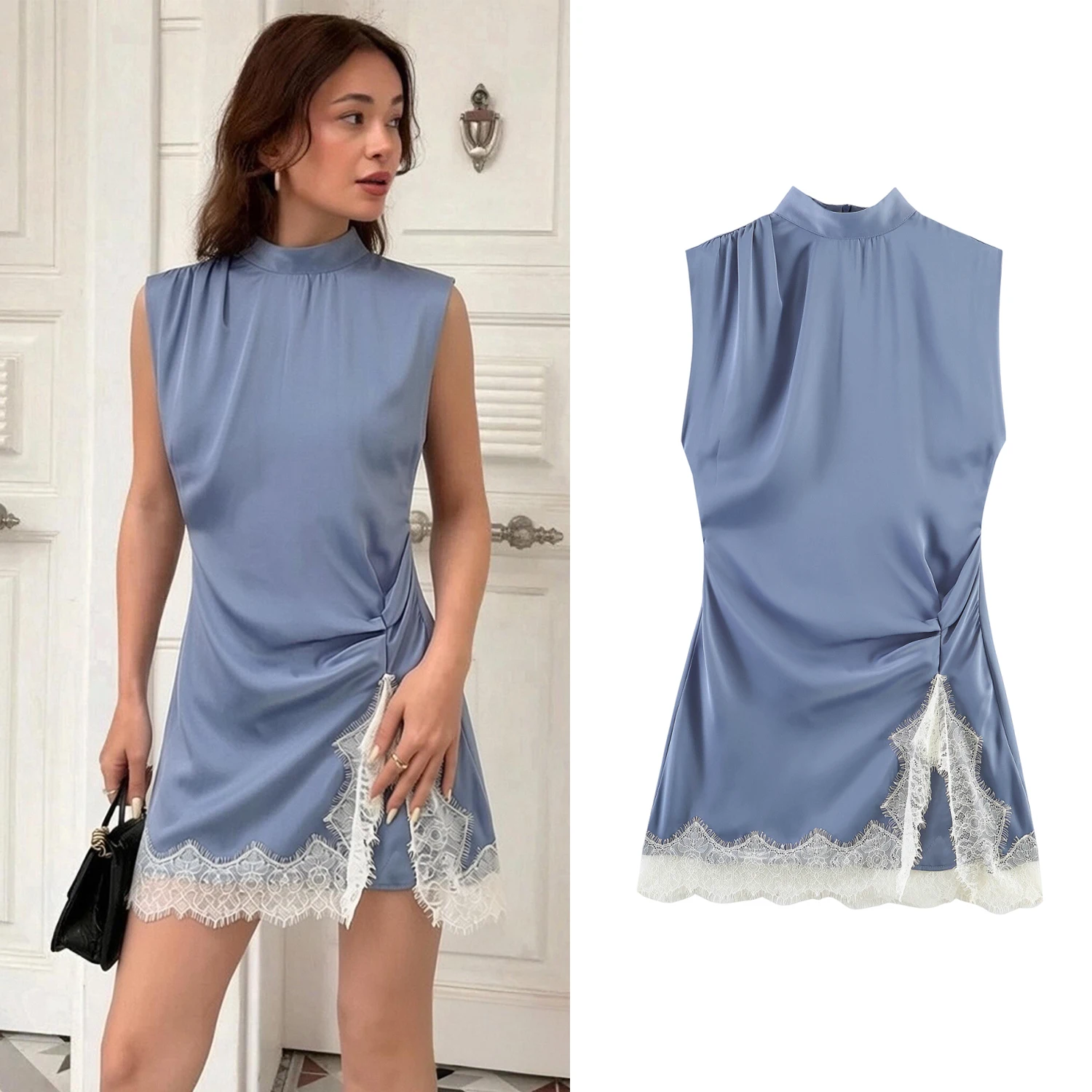 Damen Slim-Fit Spitzenkleid mit Patchwork, Sommerliches Schickes Ärmelloses Hochgeschlossenes Minikleid, Figurbetontes Kurzes Westenkleid