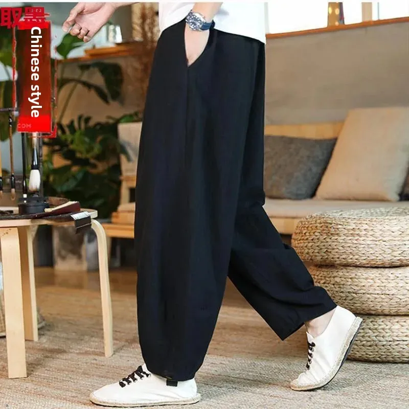 Extra Large 300kg Chinese Style Cotton Linen Cropped Pants Loose Fit Casual Pants Plus Size Plus Fat Men Yoga Long
