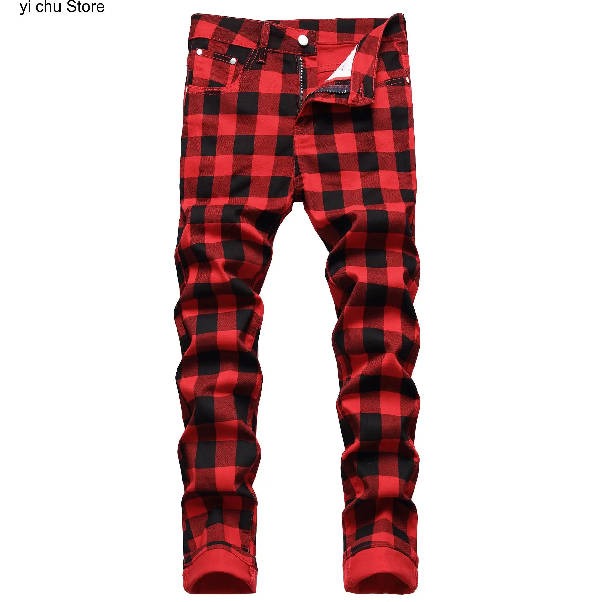 New Fashion High Quality Men Casual Red Plaid Stretch Jeans Straight Slim Biker Jeans Male Denim Pants Plus Size 42