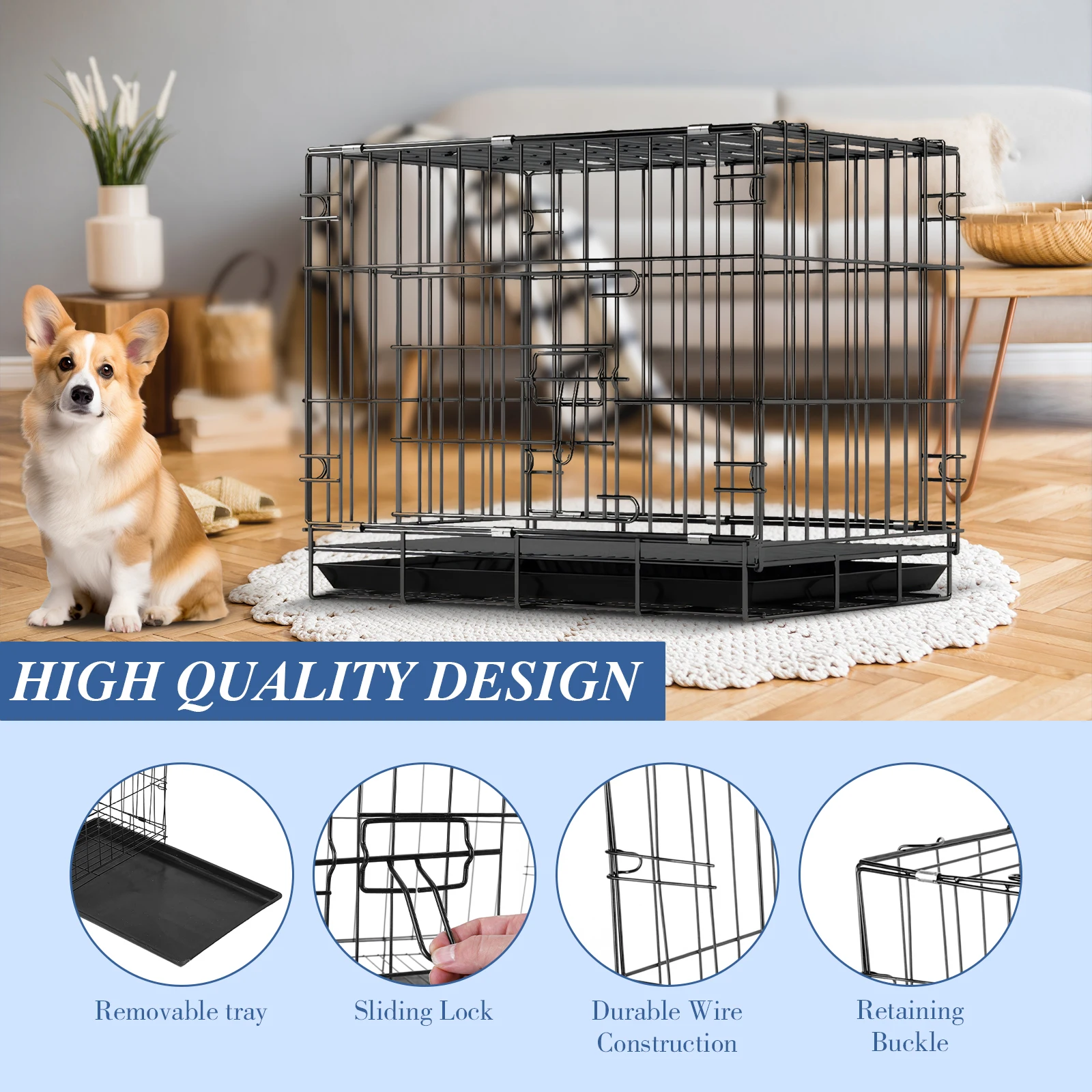 Double Door Folding Dog Cage with Tray