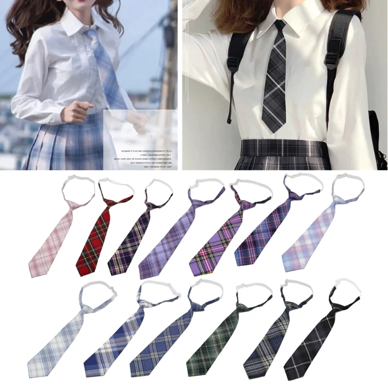 Lazy JK Ties Women Plaid Slim Cute Necktie Plaid Uniform School Student Neckties for Boy Girl Japanese Cosplay Neckwear 264E 12constellation zip tie men s neckwear fashion versatile black necktie letter ready knot zipper design lazy ties geometric women