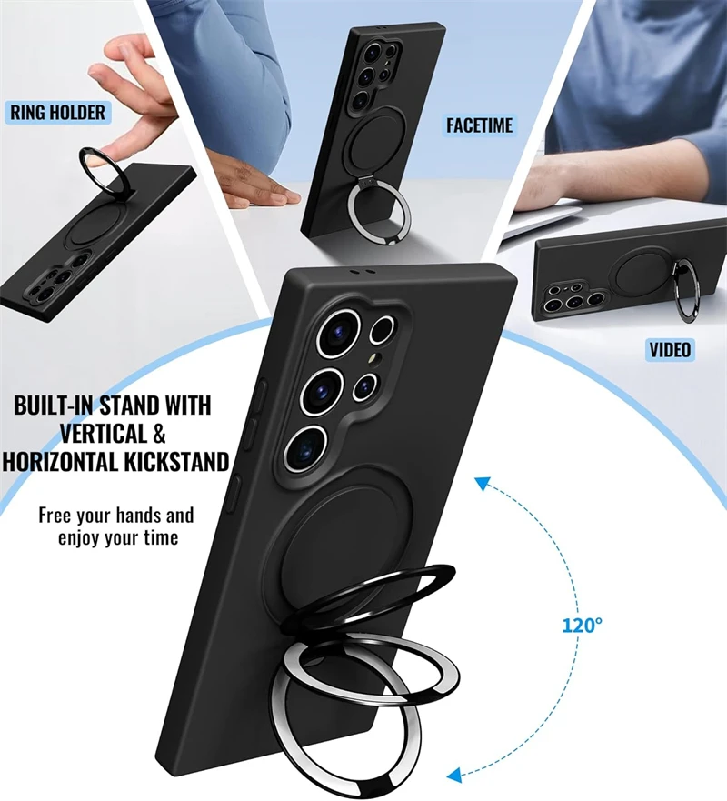 Magnetic Liquid Silicone Phone Case with Ring Holder and Magsafe Compatibility