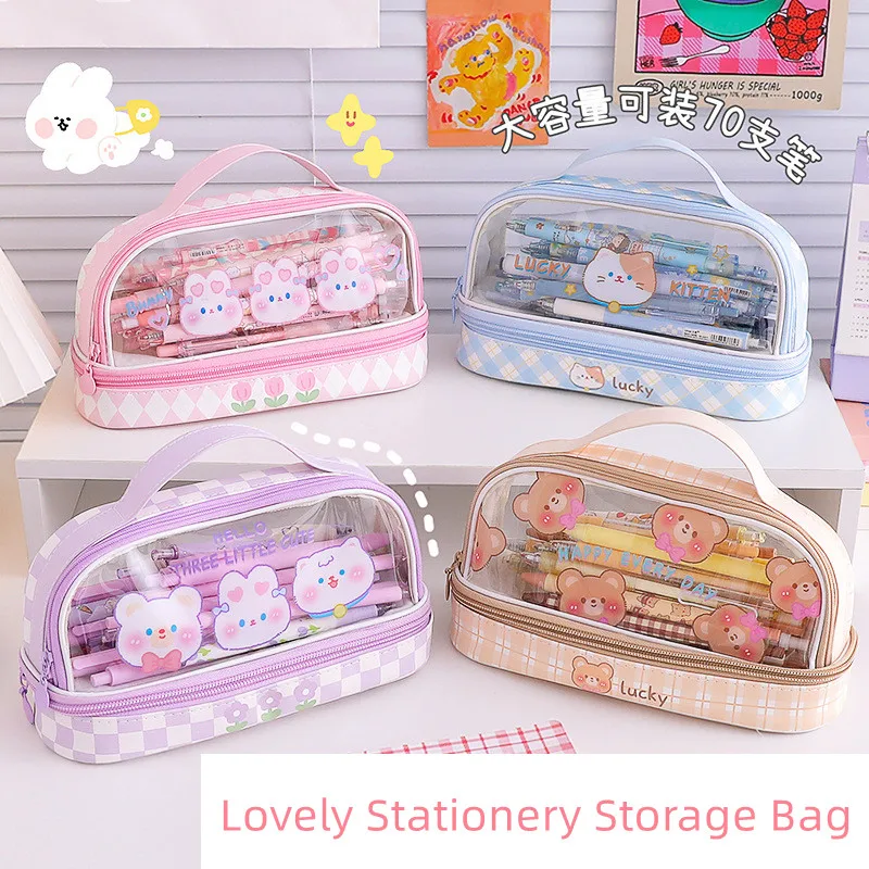 Freessom Trousse Scolaire Transparente Chat Animaux Kawaii Sac A Crayon Fille Garcon Enfant Ado Fourniture Scolaire Kawaii Original Fun Bureau