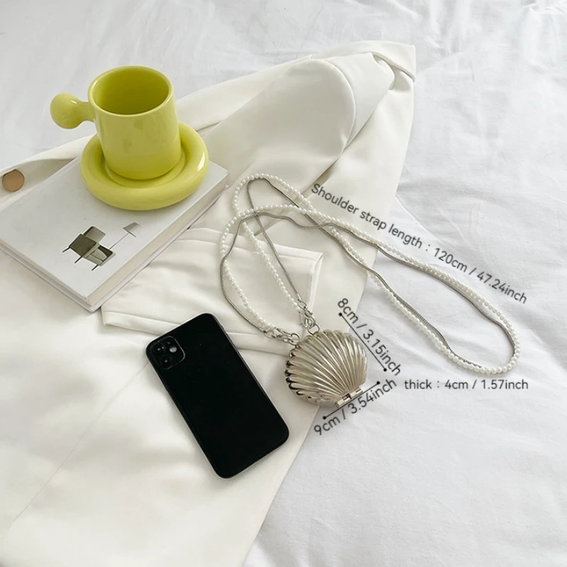 Chic Mini Metal Shell Crossbody Bag Pearl Chain Lightweight Magnetic Closure Detachable Strap Women