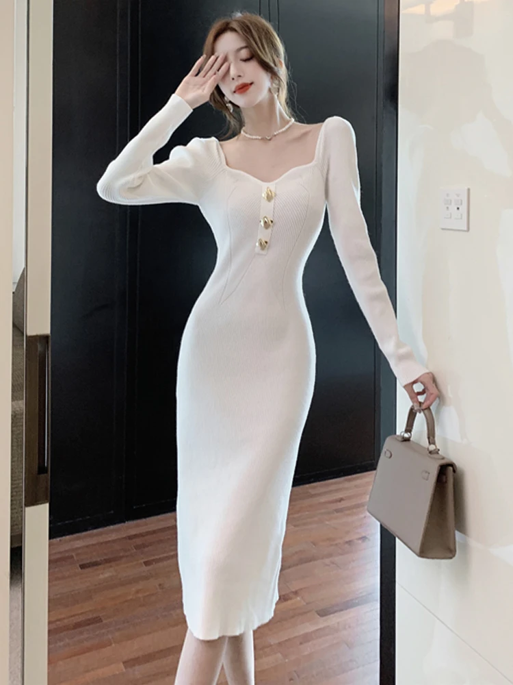 

Women Sexy Square Neck White Long Sleeve Stretch Knitted Dresses Vintage Female Buttons Slim Elastic Party Dress 2023 New Styles