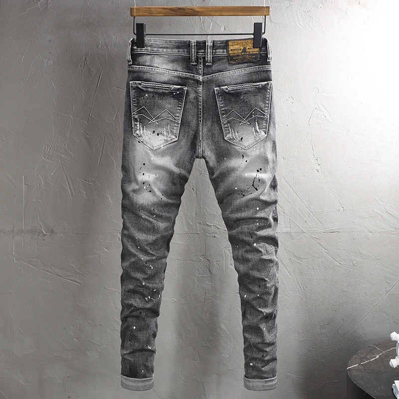 Newly Designer Fashion Men Jeans High Quality Retro Black Gray Elastic Slim Fit Ripped Jeans Men Patched Vintage Denim Pants