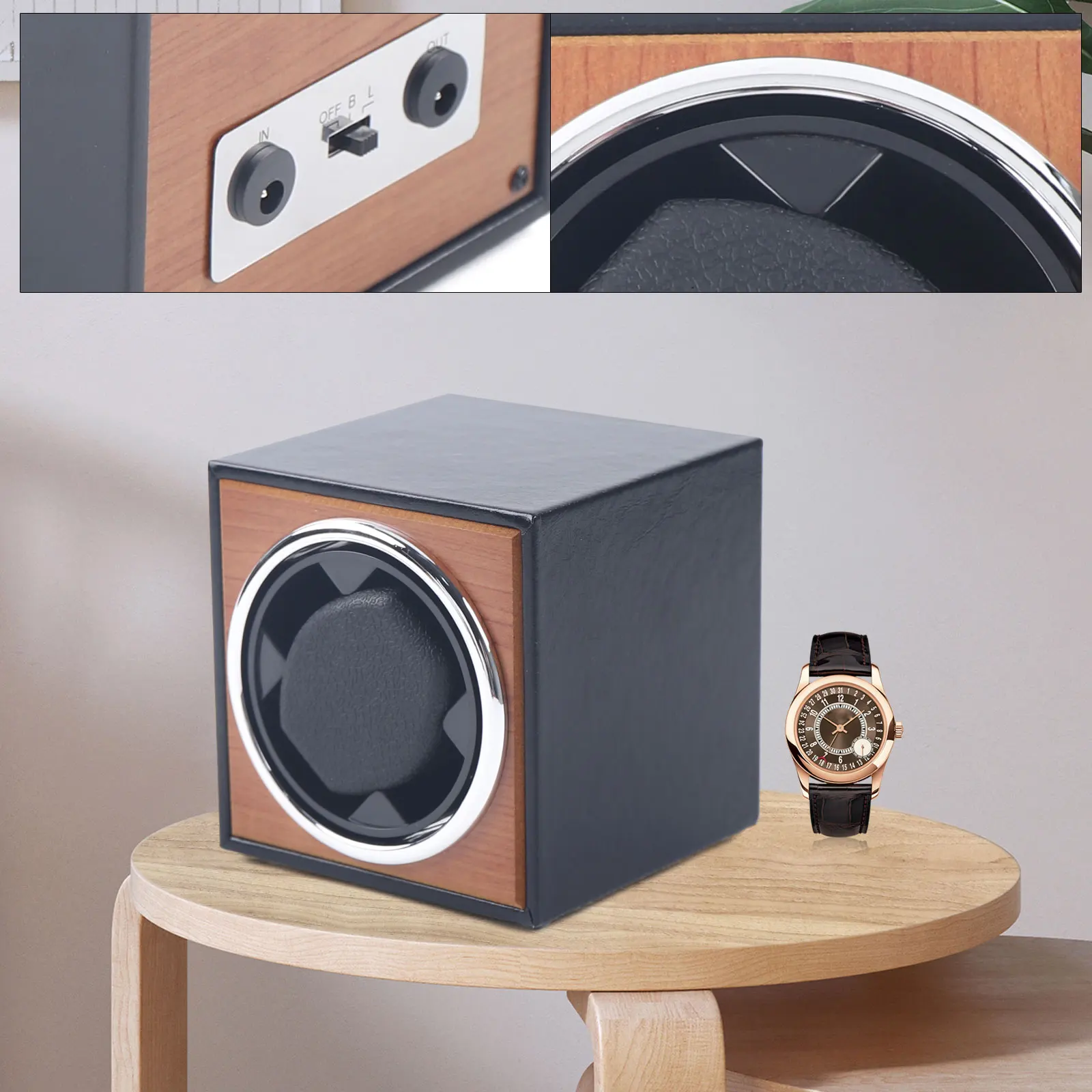 

Automatic Rotating Single Watch Winder Black MDF PU Self-Winding Watches Display Box Storage Organizer Case Silent Rotation Home