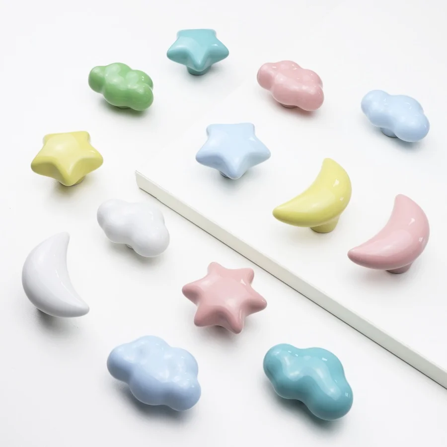 Children's room Cabinet Knobs Furniture Handles Wardrobes Pulls Drawer Door Handles Stars Clouds Moons Ceramic
