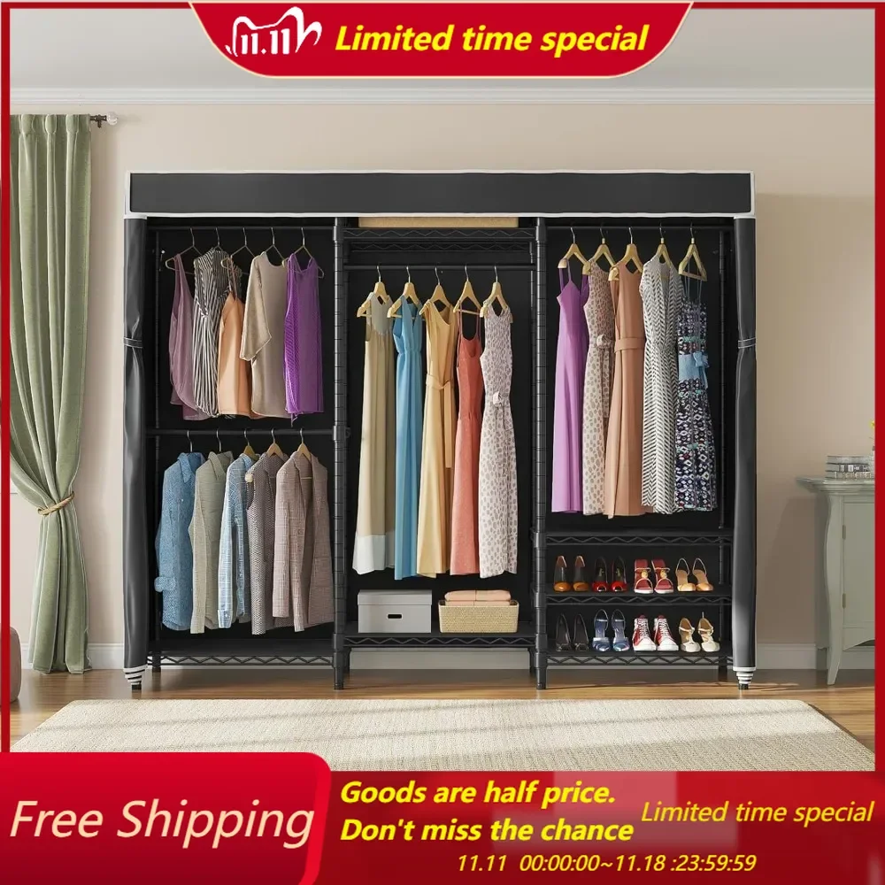 Duty Covered Clothes Rack Portable Bedroom Armoires Rack, Black Metal Clothing Rack with Black Cover