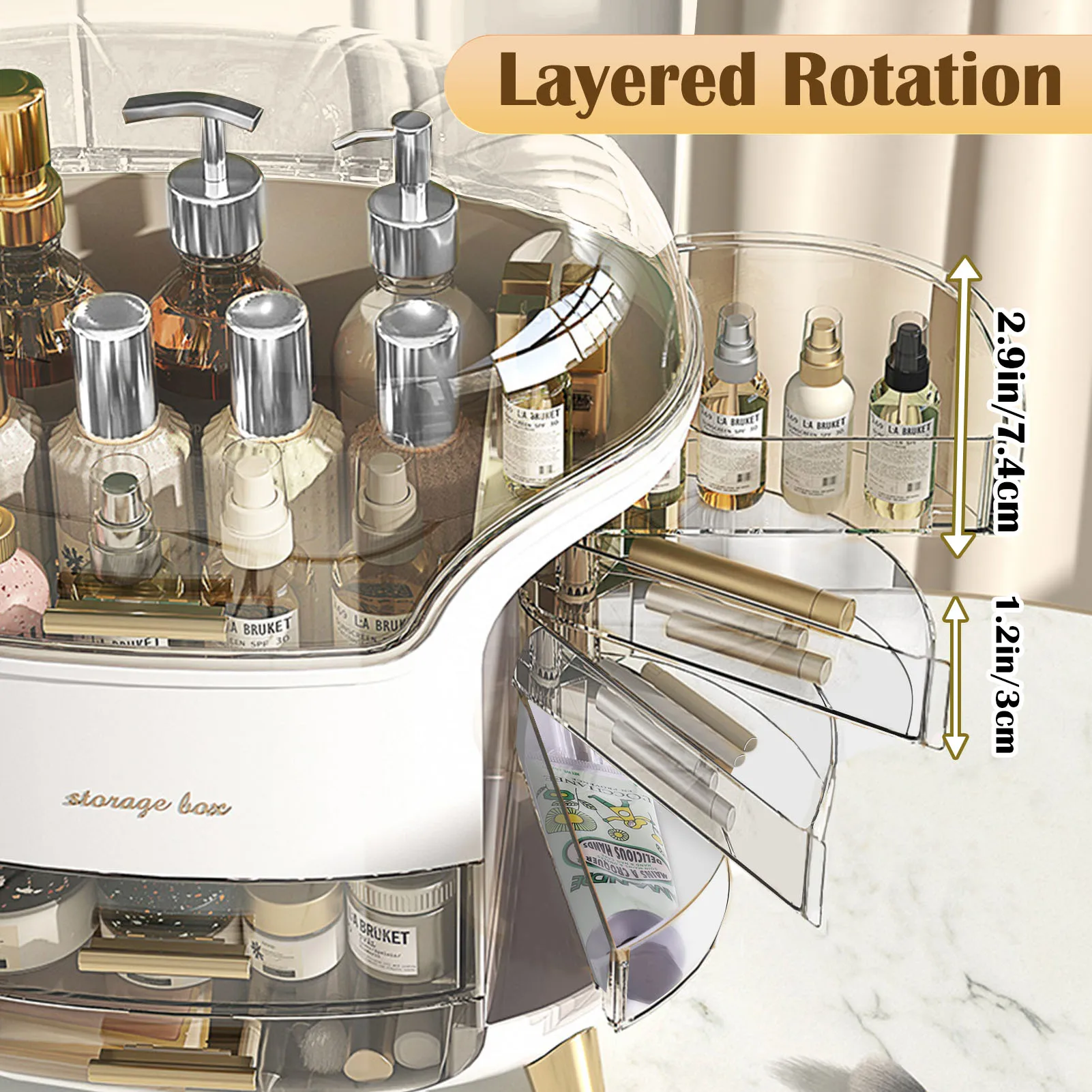 Makeup Organizer and Storage, Cosmetics Organizer Box for Countertop with Lid & Drawers, Cosmetics Skincare Organizers Box with 1