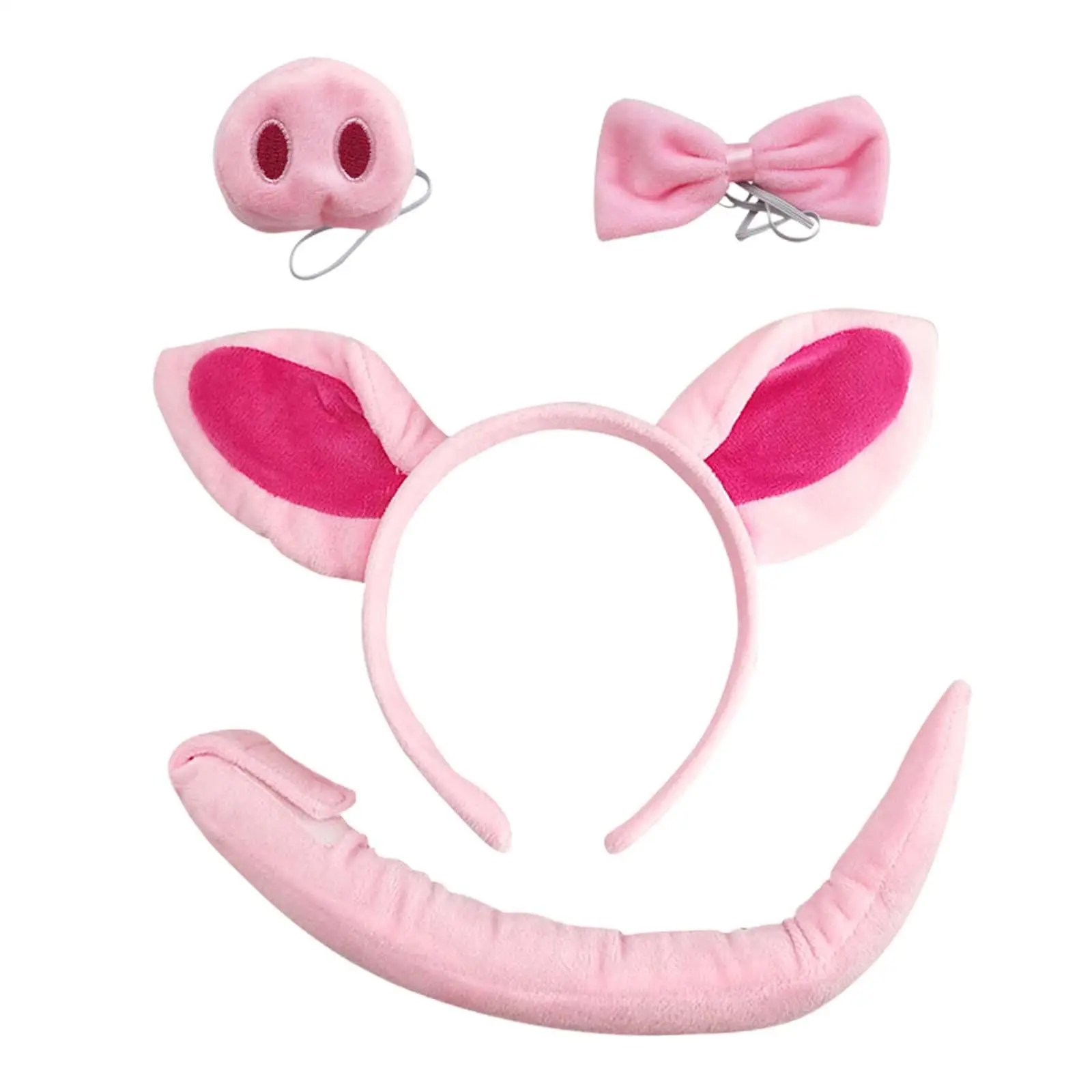 Pig Costume Hairband Elastic Strap Ears Headband Nose Bowtie Tail Cosplay Set for Carnival Animal Themed Parties Halloween Kids
