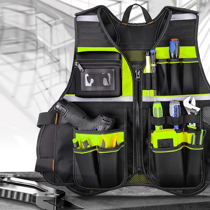 Workwear Allround Work Tool Vest Reflective Safety Vest with Multi-pockets and Zipper Heavy Duty Tool Vest for Electricians 3