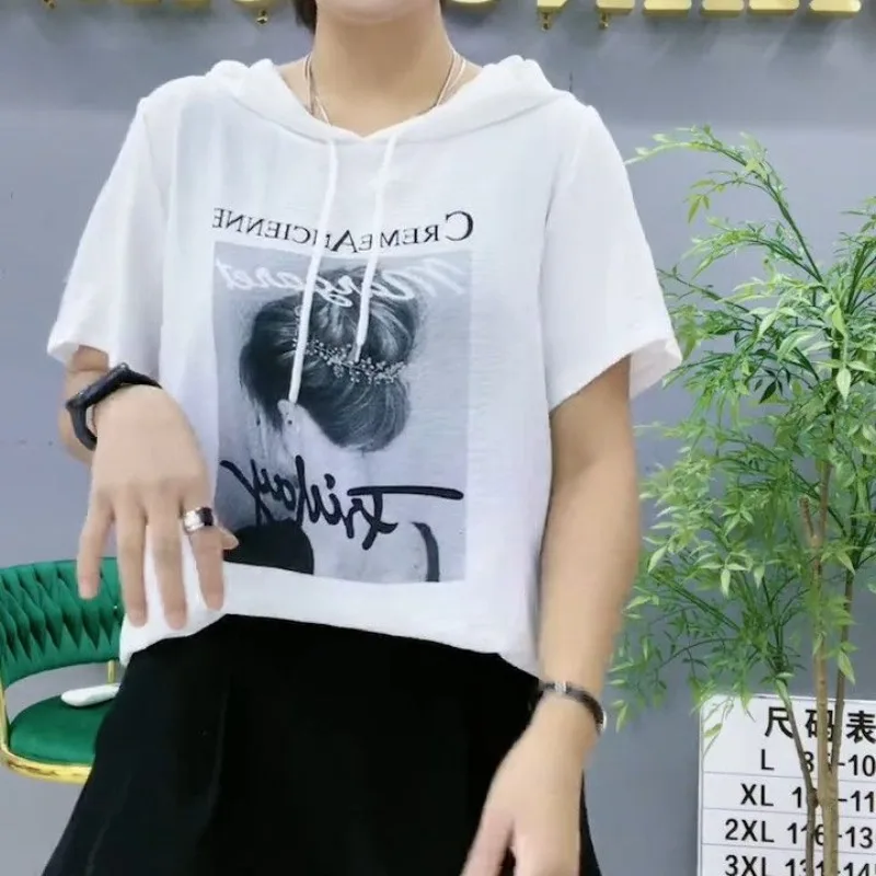 

Женская футболка с капюшоном, универсальная Свободная Повседневная футболка с коротким рукавом и абстрактным принтом, с капюшоном, на завязках, в Корейском стиле, лето