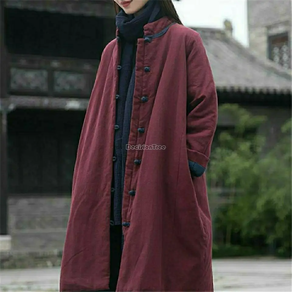 winter new vintage stand collar chinese style pan buckle long thicked jacket cotton linen loose cotton-padded coat s936