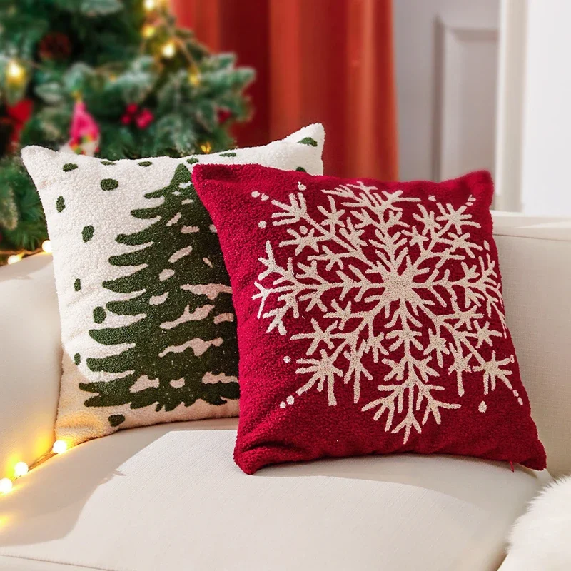 

Fuzzy Christmas Décor Cushion Cover Christmas Tree Snowflake Green Red Pillowcase Square Embroidery Pillow Cover 45x45cm