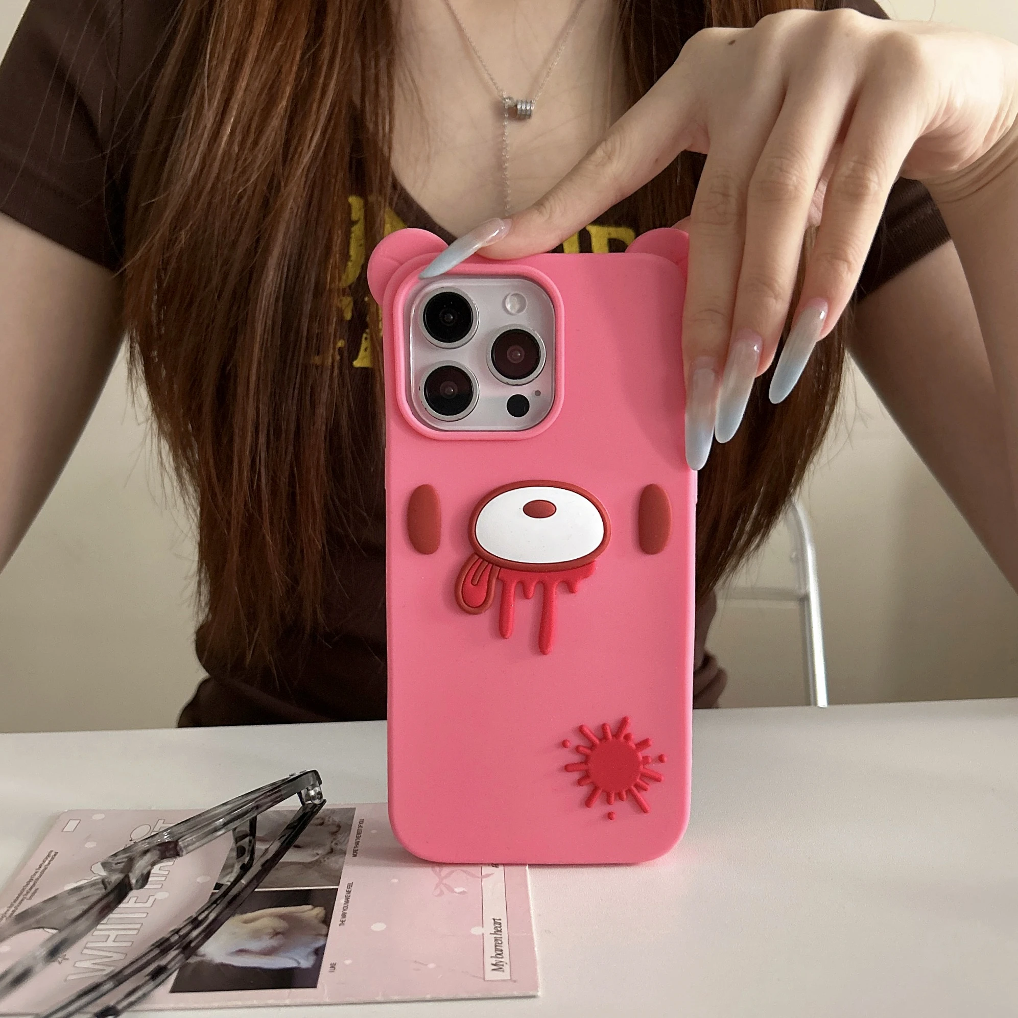 3D Cartoon Cute Gothic Bear Phone Case - Unique Bloody Design, Soft Silicone Cover