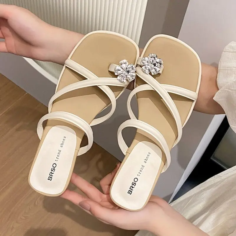High Heeled Sandals Square Head Rhinestone Transparent Thick Heel Crisscross Zone Outdoors Slippers Zapato De Pumps New