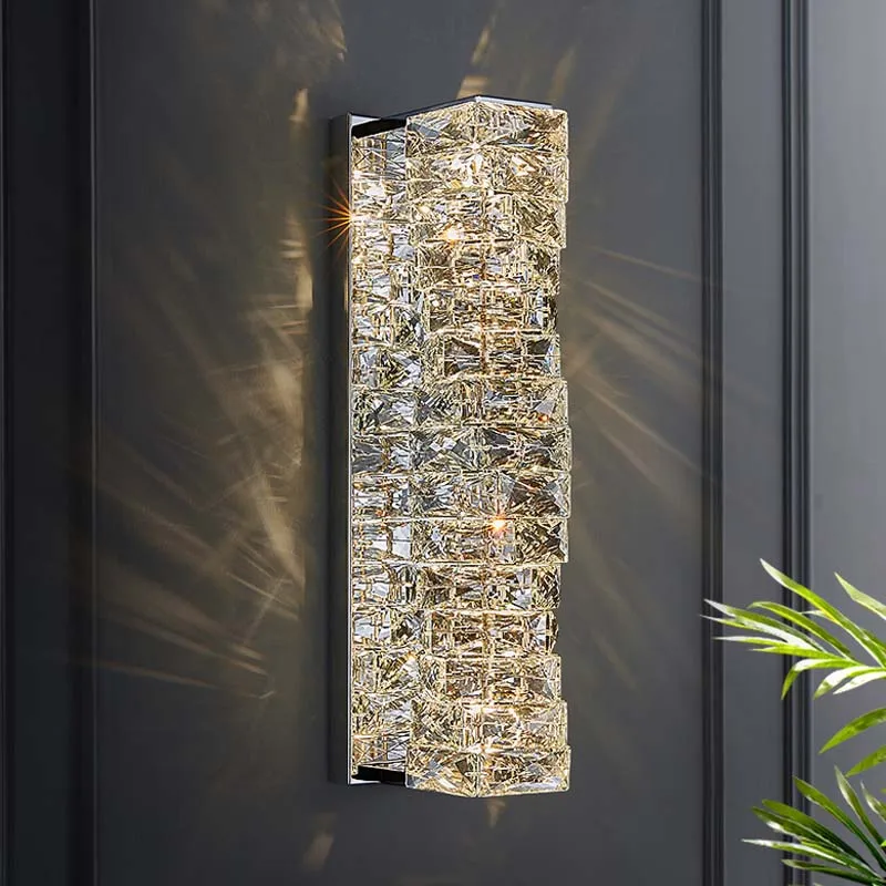 

Металлические хромированные светодиодные Настенные светильники минималистского дизайна, комнатное домашнее украшение, бра, Современная Золотая Роскошная настенная лампа K9 с кристаллами для отеля, виллы