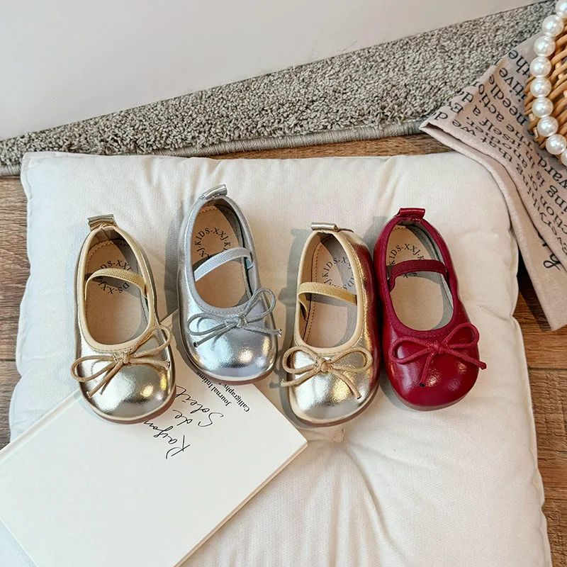 Girls Leather Shoes Soft Sole Bow Anti Slip