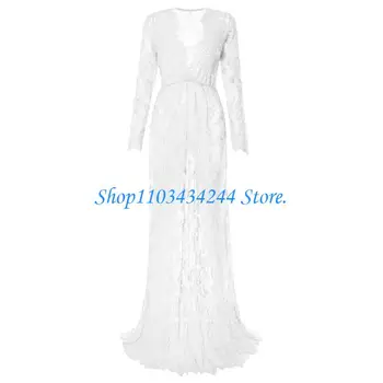 Breathable Maternity Long Sleeve V Neck Lace Sheer Fitted Dress Including Romance Train for Pregnancy Photos Parties