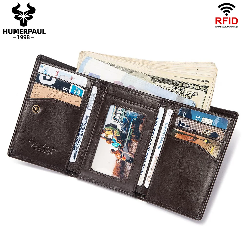 RFID Leather Trifold Extra Capacity Zipper Coin Pocket Wallet for Men