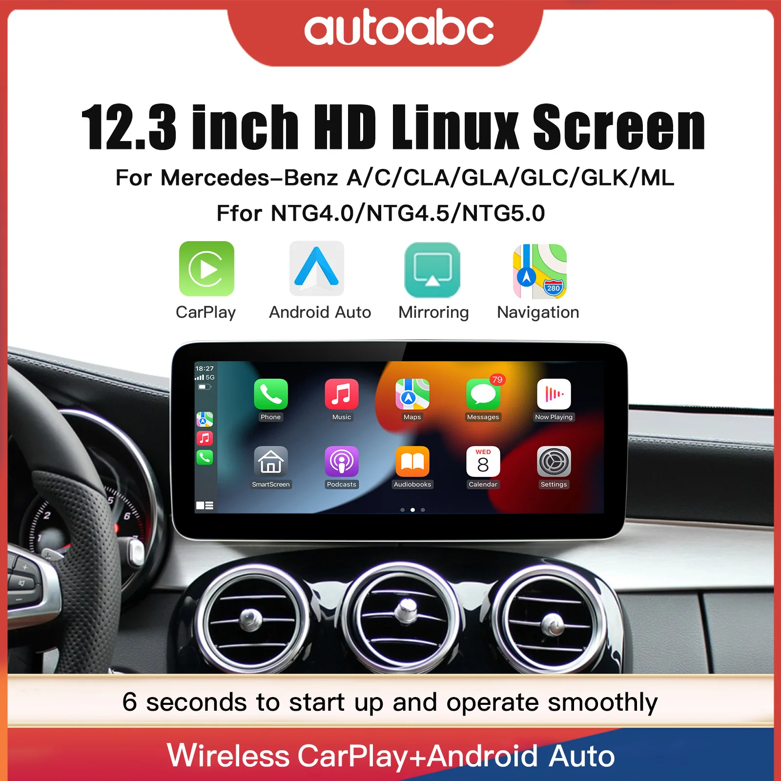 Wireless Carplay Android Auto 12.3'' Touch screen Multimedia Mercedes Benz NTG5.0 A B E C GLE W167 W212 W246 W205 W176 C117