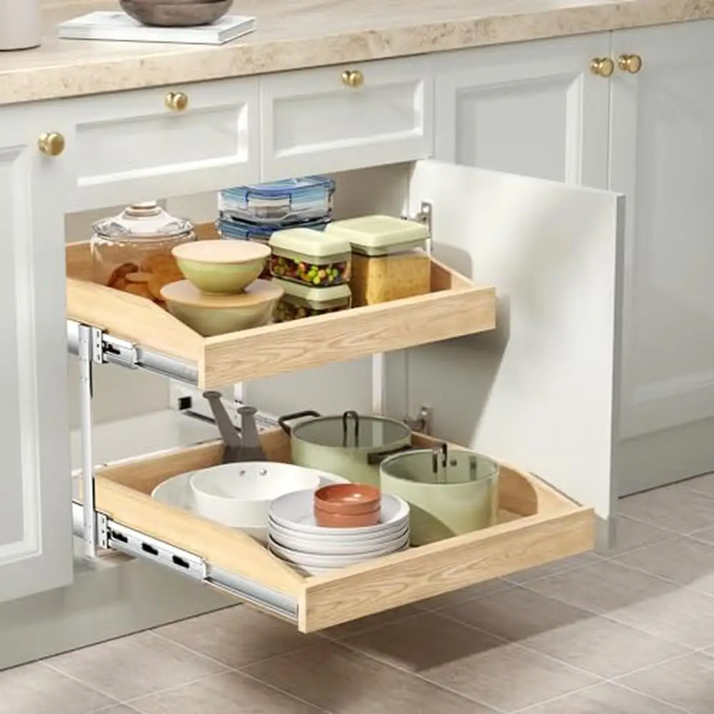 2-Tier Pull Slide Out Cabinet Organizer Soft Close Pantry Drawer U Bracket Birch & Oak Wood Modern Design Kitchen Storage