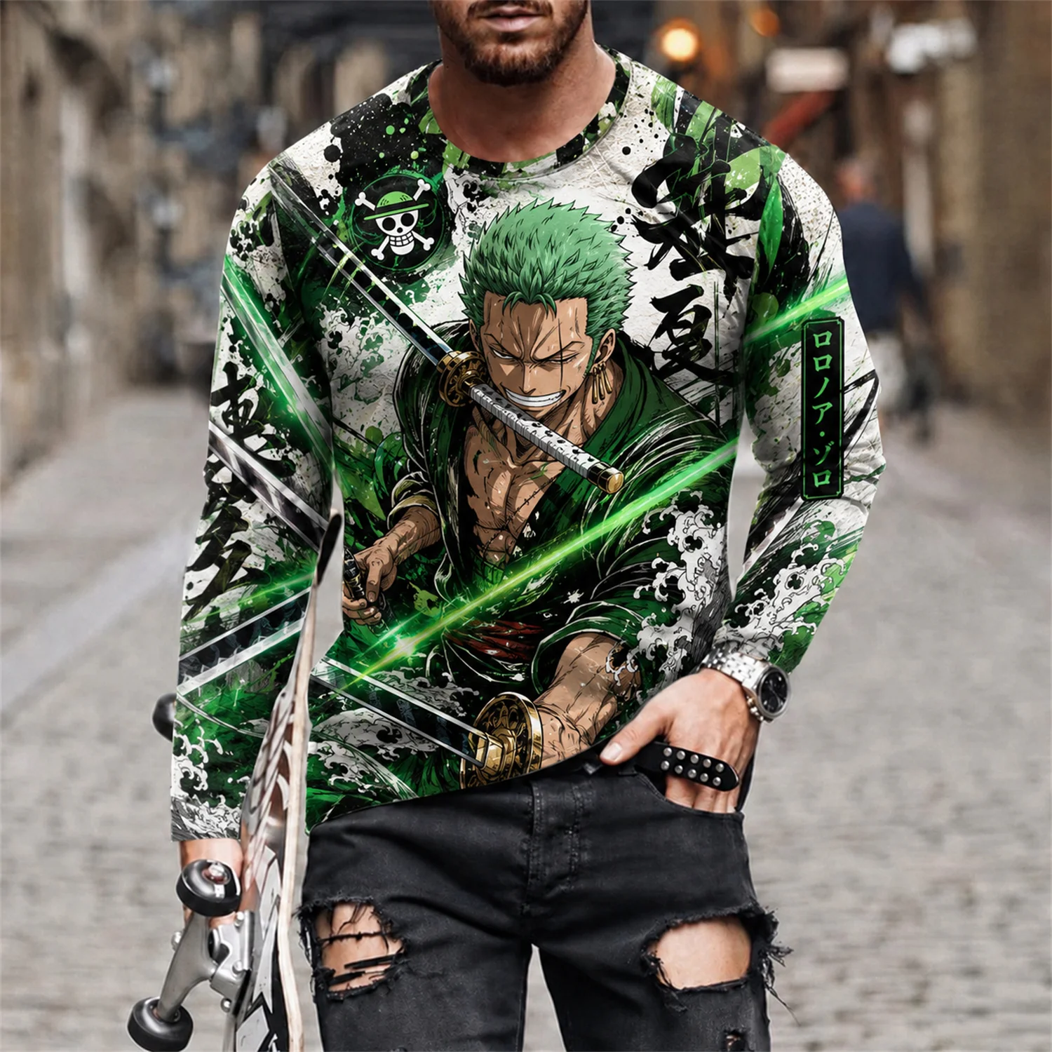 One Piece Luffy Anime T-Shirt Herren Streetwear Casual Herbst Frühling Cosplay Langarm Unterziehshirt Oberteil T-Shirts FamilyMatching