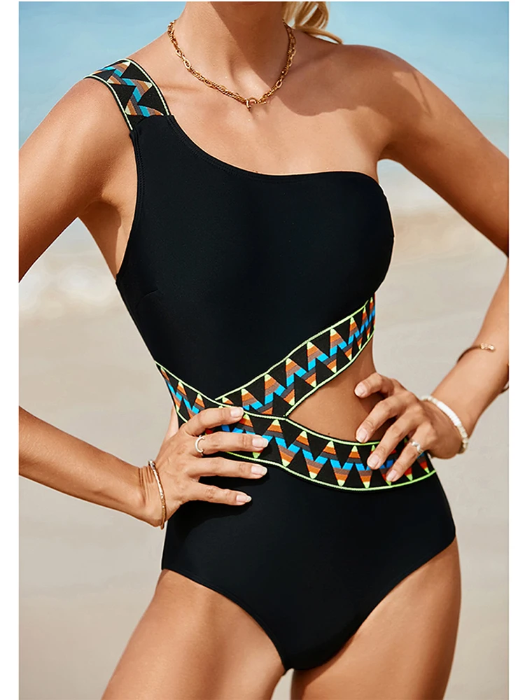 Summer Women's Sleeveless Casual Style Polyester Material 2024 New Fashion One Shoulder Slim Fit Printing One Piece Swimsuit