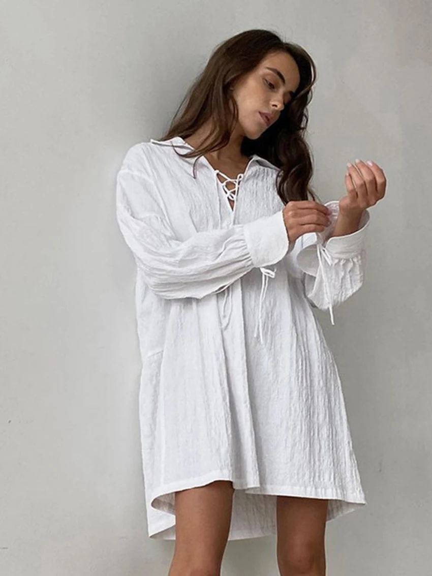 Marthaqiqi Casual Women Nightgowns Sexy Turn-Down Collar Sleepwear Long Sleeve Nightwear Lace Up Pajama Loose Femme Home Clothes