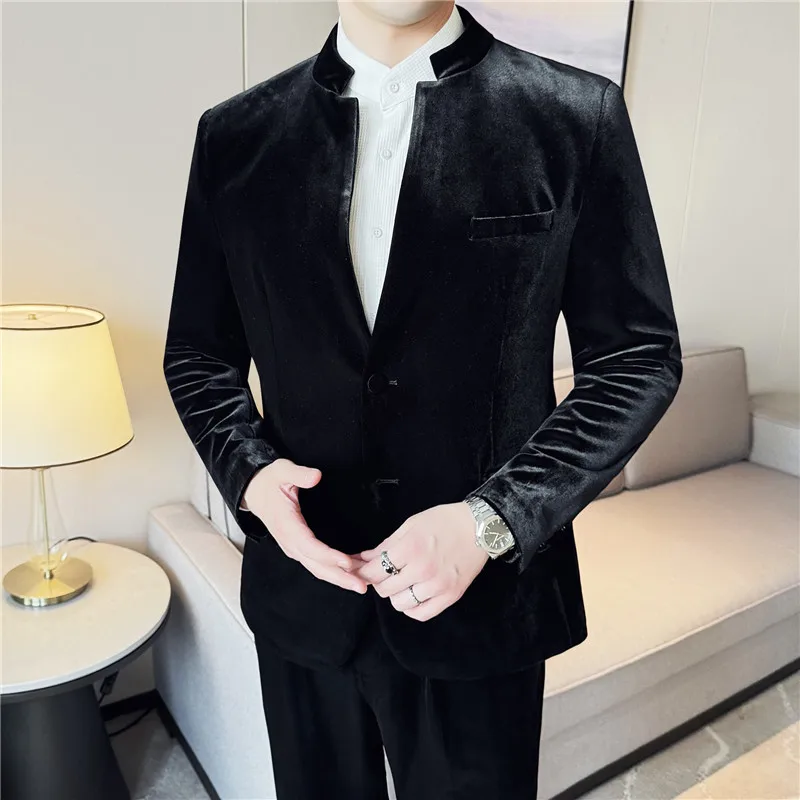 Chinese Style High-end Stand Collar Velvet Casual Suit Jacket for Men's Autumn Winter Thick Blazers Casual Business Dress Coats