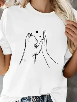 Comfortable Lovely Cat Paw Heart Print T-Shirt Short Sleeve T Shirt Women's T-Shirt Clothing Top Tee 1