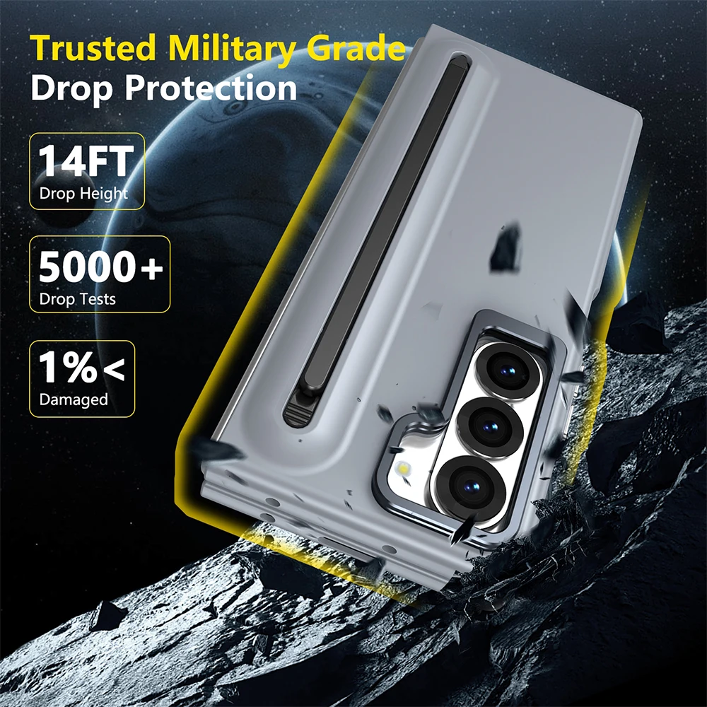 Premium Metal Lens Stand Case with S Pen Slot and Tempered Glass Protector for Samsung Galaxy Z Fold Series