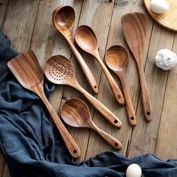 Deluxe Wood Kitchenware Cooking Set with Storage Bucket - Includes Spatula, Spoon, Salad Fork, and Baking Tools (7Pcs)