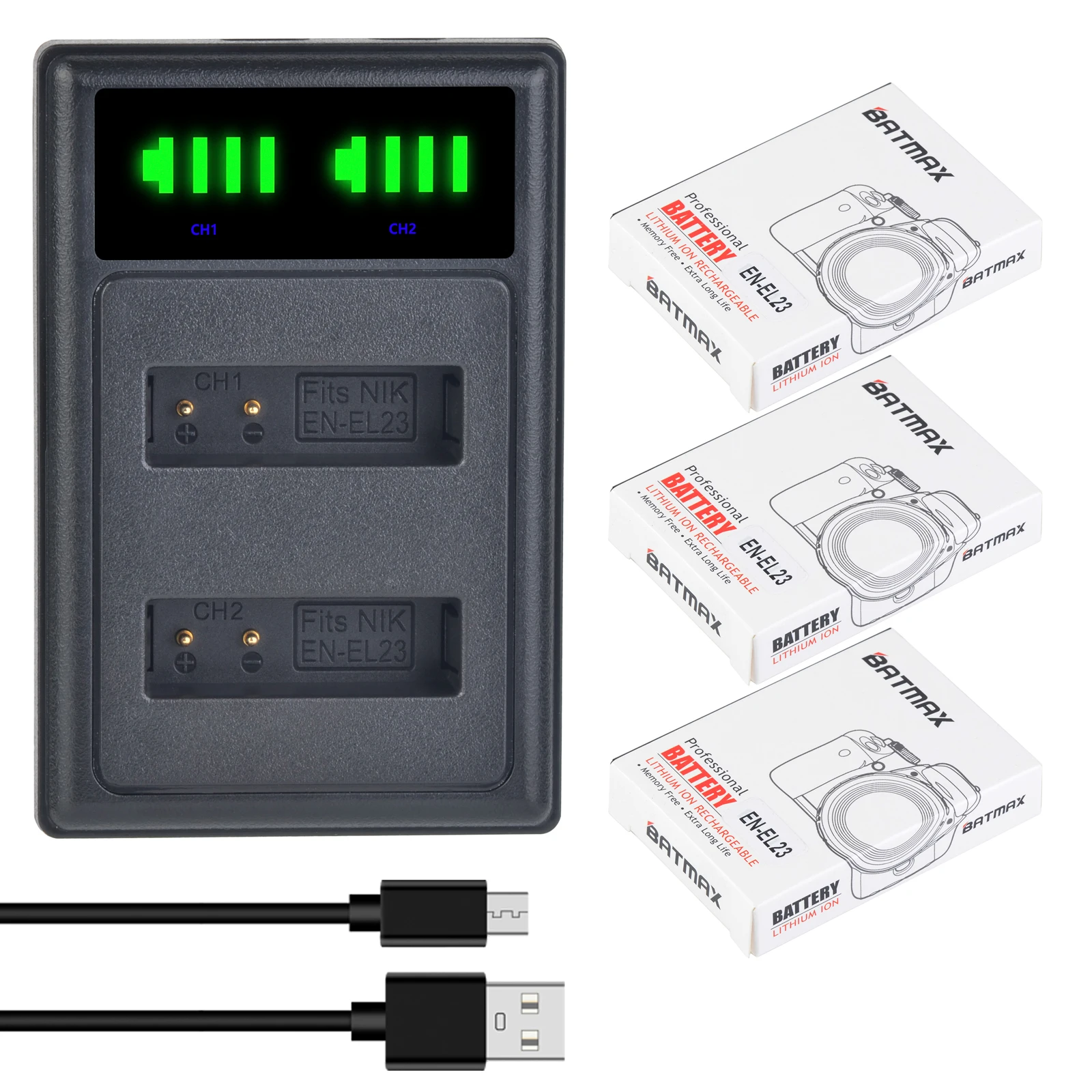 

Batmax 1850mAh EN-EL23 EL23 Battery+New LED USB Dual Charger For Nikon COOLPIX P900, P610, P600, B700, S810c Camera