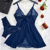 Transparent rouge Sexy Lingerie sous-vêtements pour femmes voir à travers les vêtements de nuit dentelle chemise de nuit et culotte Pijamas ensembles femme Sexy nuisette 3
