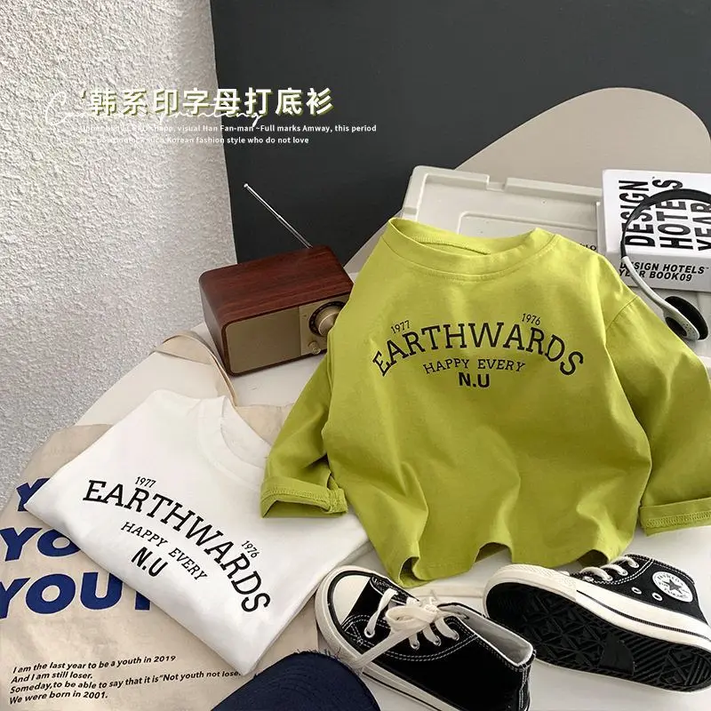 

2023 Spring and Autumn 100% Cotton Children's Baby Bottoming Shirt Boys and Girls All-Match Long-Sleeved T-shirt Letter Jacket