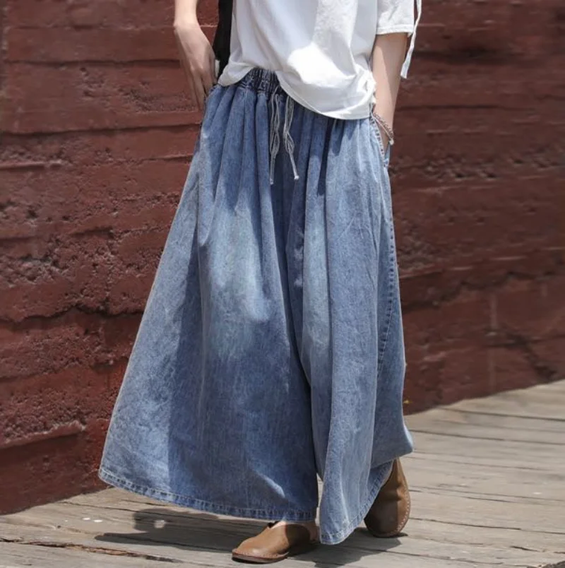 Spring Summer Cotton 2023 Denim Loose Wide Leg Pants Women High Waist Vintage Retro Pants Female Trousers Vintage Clothes middle aged women plaid trousers casual loose high waist pants large size pantalon femme 5xl female spring summer straight pants