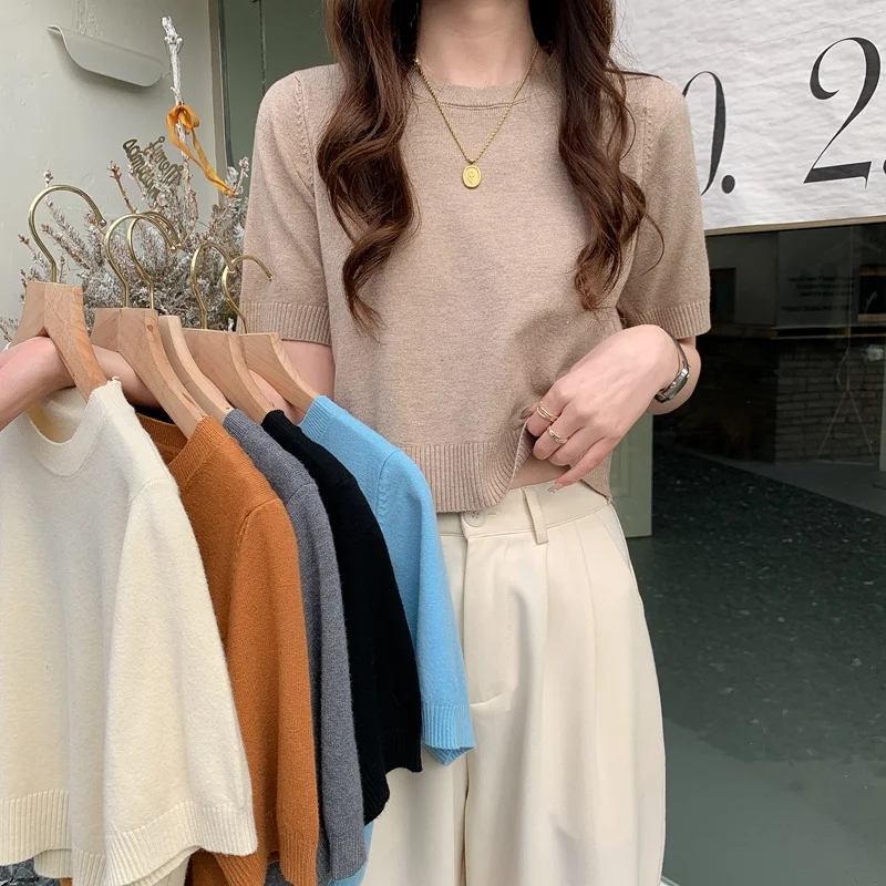 

6-color Korean version solid color short-sleeved knitted sweater top