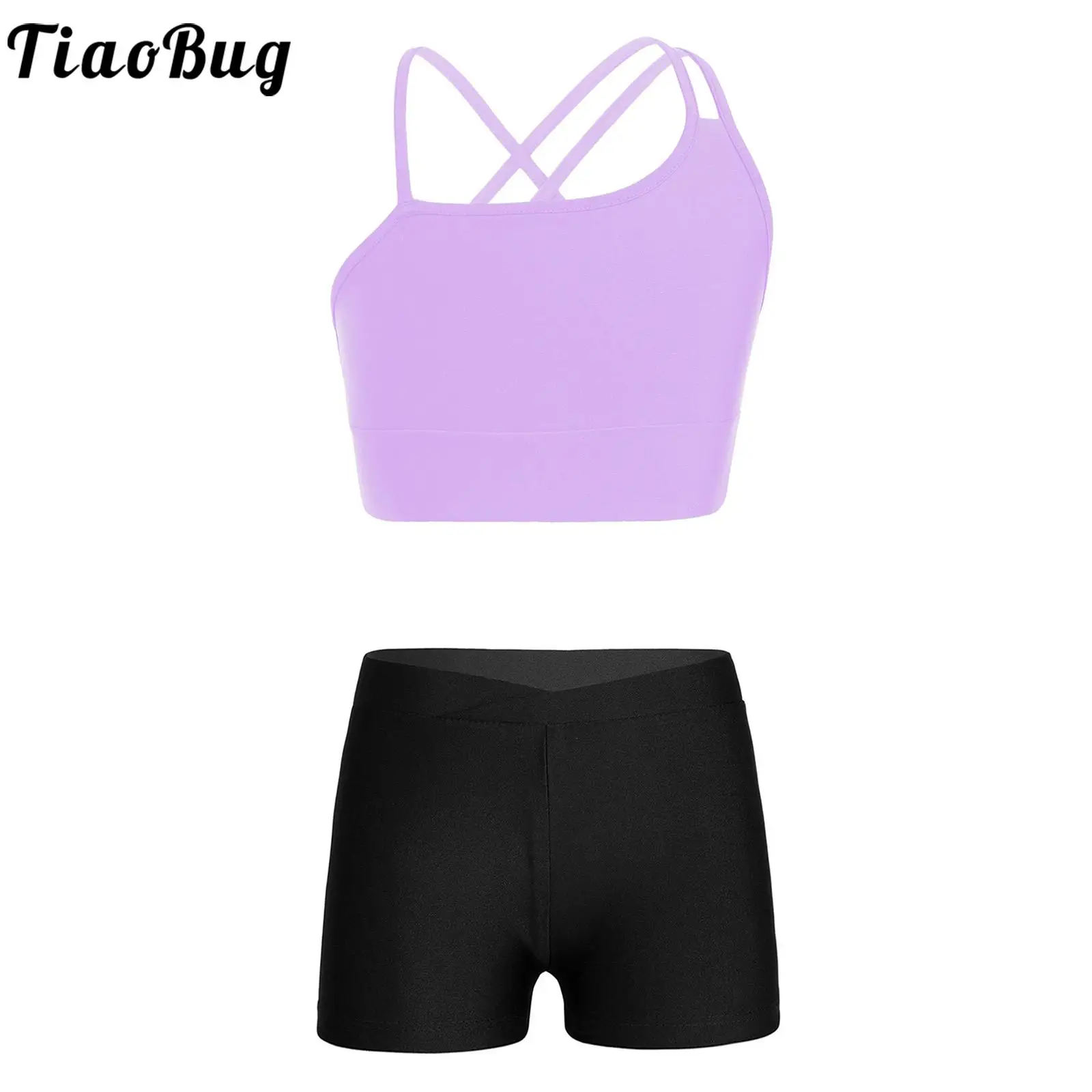 

Kids Girls Dance Workout Outfits Asymmetrical Strappy Crop Tops with Shorts Sports Gymnastics Performance Activewear Swimwear