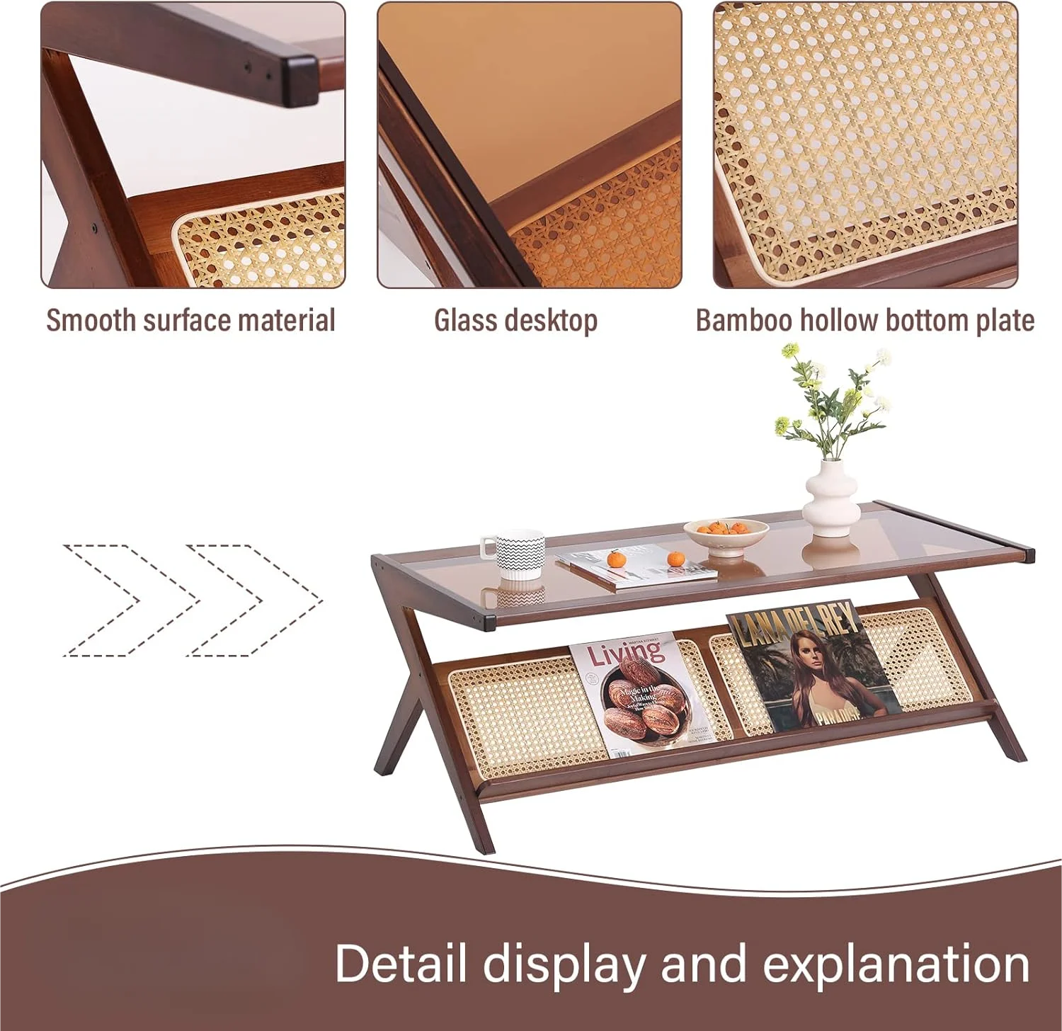 Coffee Table, Glass Nightstand Side Table, Boho Wooden End Table with Storage for Living Room,Dining Room, Tea 3