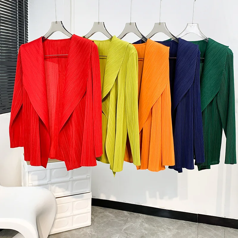 Miyake Pleated Short Jacket 2025 Spring Summer Women's Casual Tops Flap Collar Loose Shopping Peplum Cardigan Tunic Tops