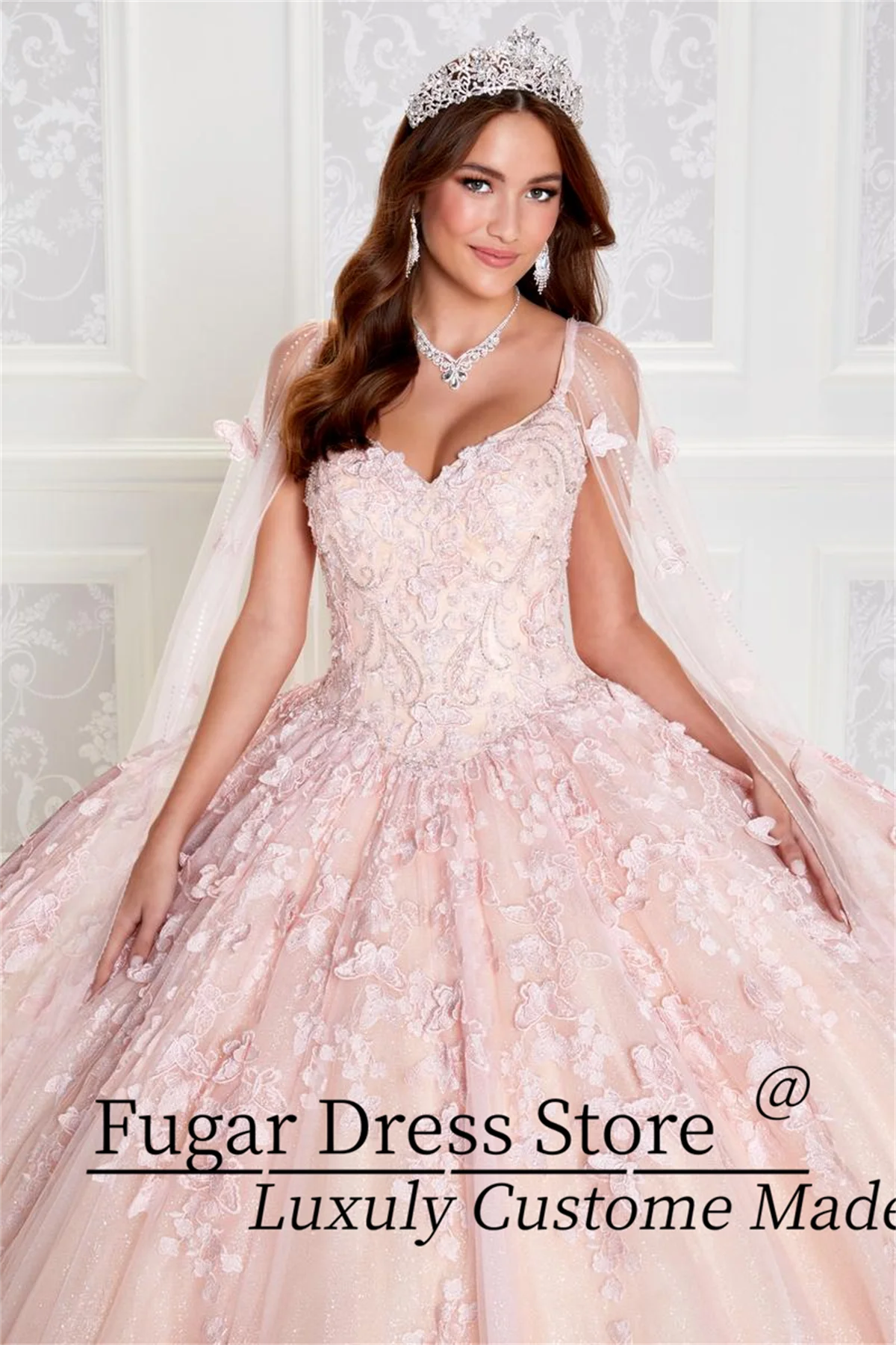 Pink Sparkling Chiffon Quinceanera Dress Luxuly Elegant Embroidery Lace Detachable Butterfly Cape Gown vestidos de15 quincea&ntilde;era