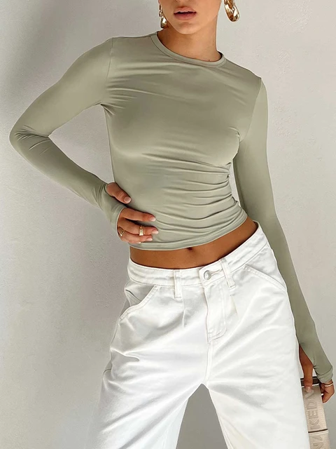 Women Tight White Crop Top Tee Shirts  Tight White Long Sleeve Shirt Women  - Women - Aliexpress