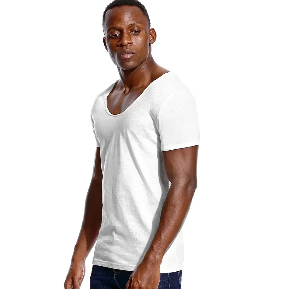 

A3372 Deep V Neck Slim Fit Short Sleeve T Shirt for Men Low Cut Stretch Vee Top Tees Fashion Male Tshirt Invisible Casual