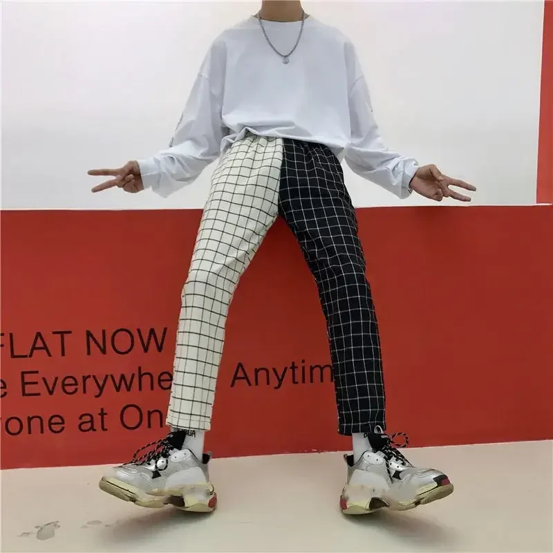 Women Elastics High Waist Korean Causal Straight Pants Fashion Vintage Plaid Patchwork Pant Harajuku Woman Trousers Streetwear