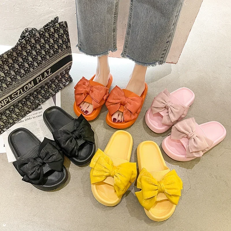 New bow tie Slippers Women Summer Thick Indoor Home Sandals Couples Bathroom Slides Non-slip Soft House Slippers femme
